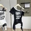 Spice girl letter print diagonal neck off-shoulder short-sleeved T-shirt women's summer new slim-fit irregular streamer top chic