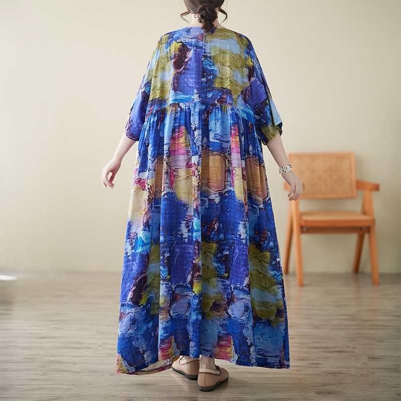 Summer New Round Neck Short Sleeve Literary Retro Casual Loose Women's Large Size Dress Middle-aged and Elderly Foreign Trade Dress