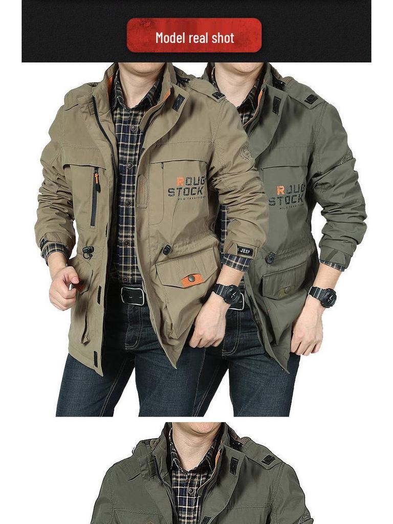 Men's Mid-Length Casual Hooded Plus Size Jacket for Spring and Autumn.
