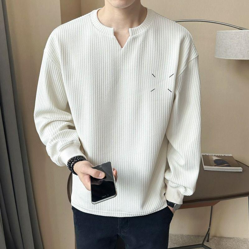 

Autumn Small V-neck White Sweatshirt Simple Men s Inner Layer Loose Long-sleeved T-shirt M білий