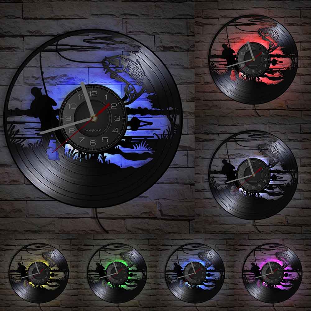 Gone Fishing Wall Art Sign Fish Rod Fisherman Wall Clock Interior Fishing Vinyl Record Wall Clock Handmade Gift For Fishermen
