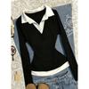 Women S Long Sleeve Polo Shirt Color Block Knit Top