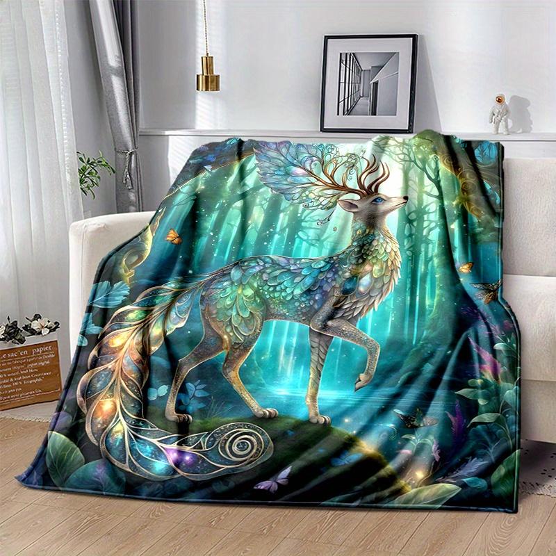 1pc Mystical Deer with Wings and Antlers In a Luminous Woodland Setting Blanket, Softs for Bed Couch Sofa, Living Room, Travel, Camping, Car Blankets