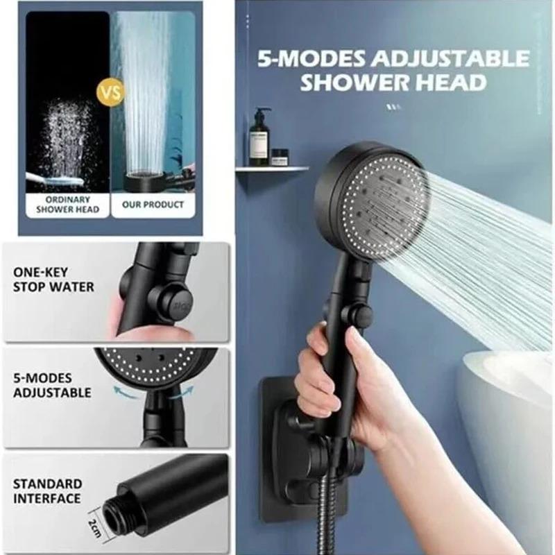 High Pressure Shower Head 5 Modes Adjustable Showerheads Bathroom Accessories with Hose Water Saving One-Key Stop Spray Nozzle