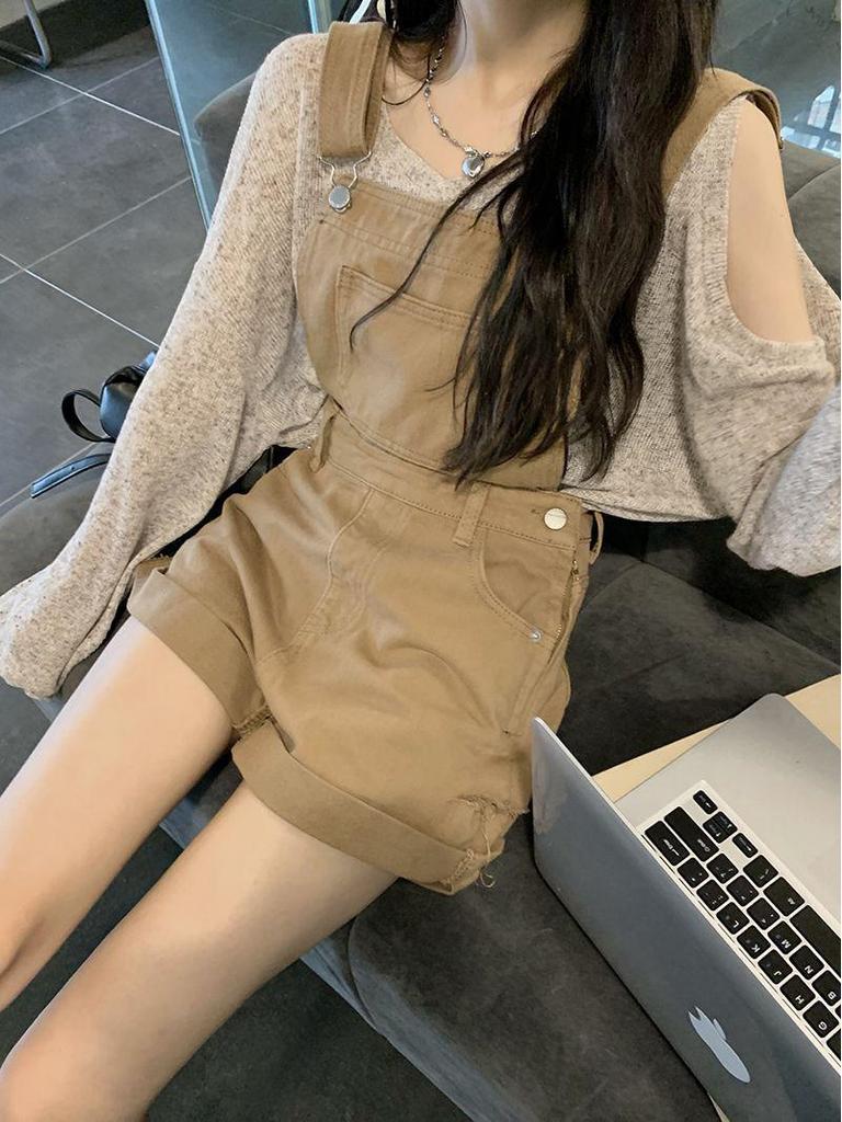 Off-Shoulder Sun Protection Shirt & Versatile Denim Overall Shorts for Women