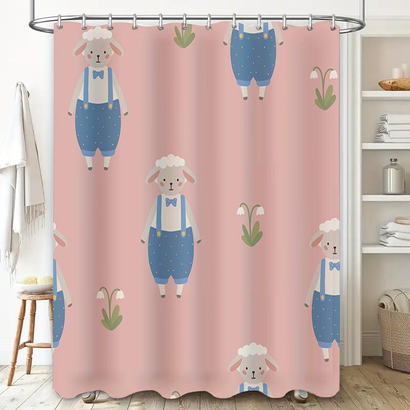 Pink Sheep Cartoon Printed Shower Curtain Waterproof Bathroom Decor Liner for Home Decoration Pink 160x180cm