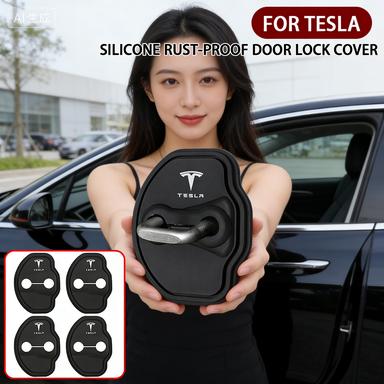 4Pcs Car Silicone Door Lock Cover Shock Absorber Protective Sticker for Tesla Model 3 Y S X Roadster SpaceX Cybertruck Car