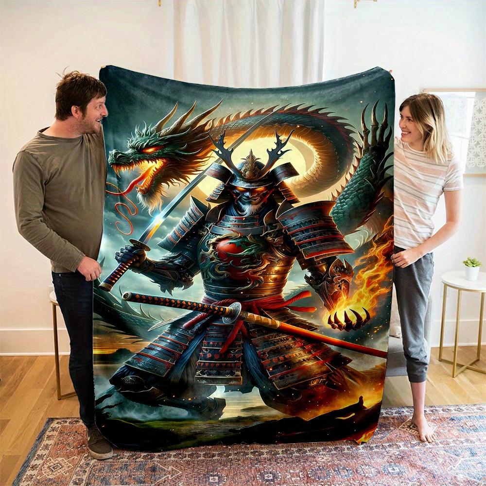 Warrior and Dragon Pattern Flannel Printed Blanket Suitable for All Seasons Suitable for Living Room Office Sofa and Travel