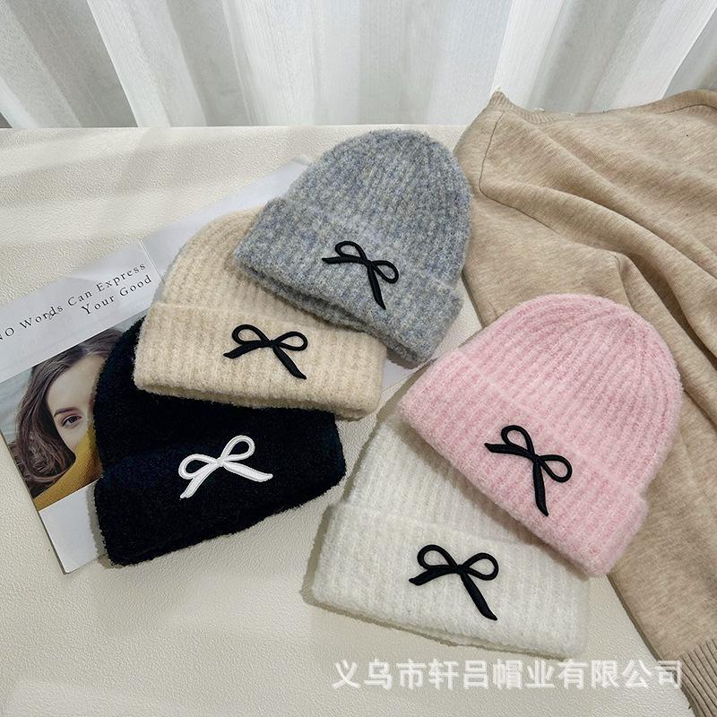 Versatile Fashion Embroidered Bow Knitted Hat Autumn and Winter New Solid Color Versatile Warm Wool Hat Cold Hat