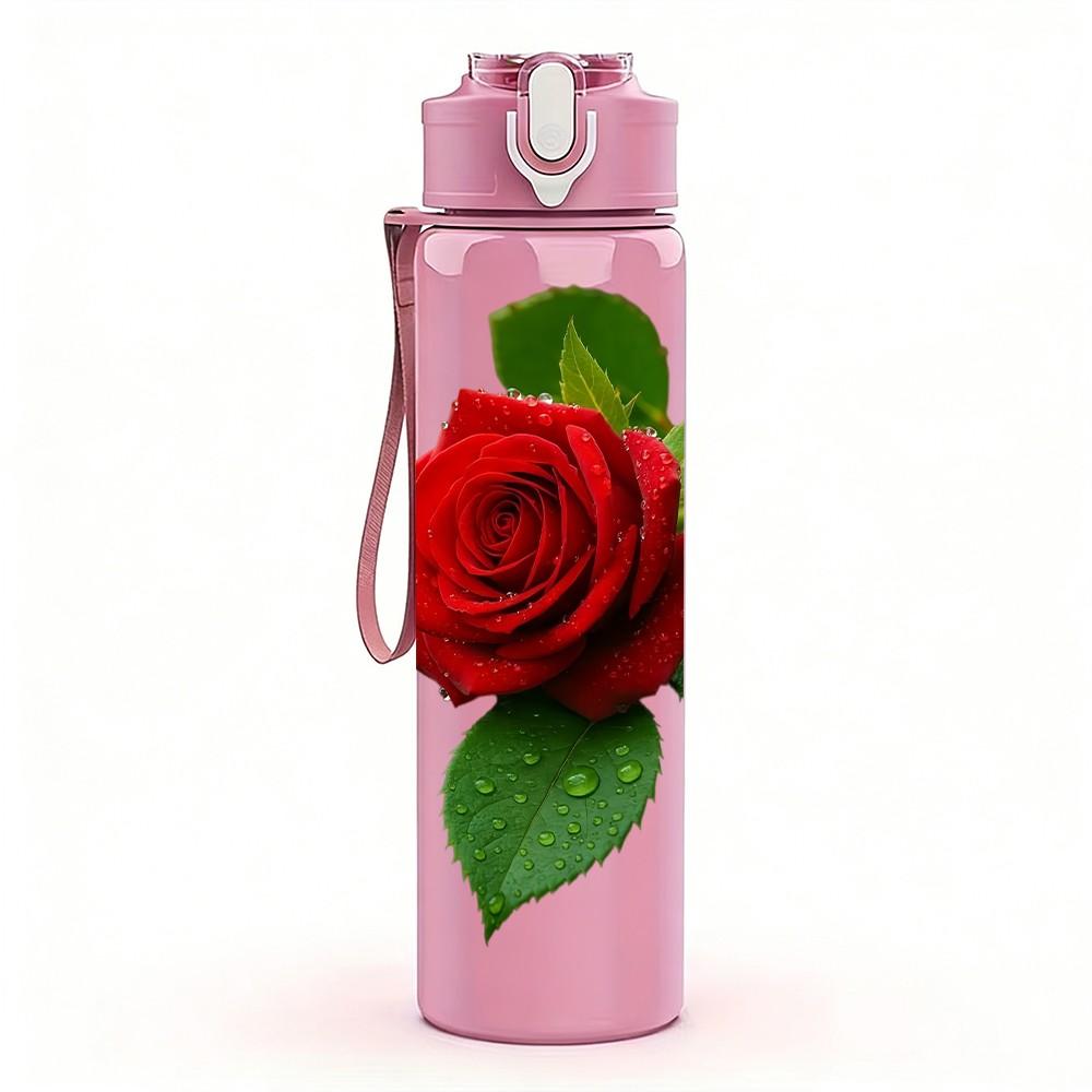 1PC Single Vivid Red Rose Bloom Print 750ml Color Plastic Sports Water Bottle Leakproof Flip Straw Lid Suitable for Sports Office Home Use