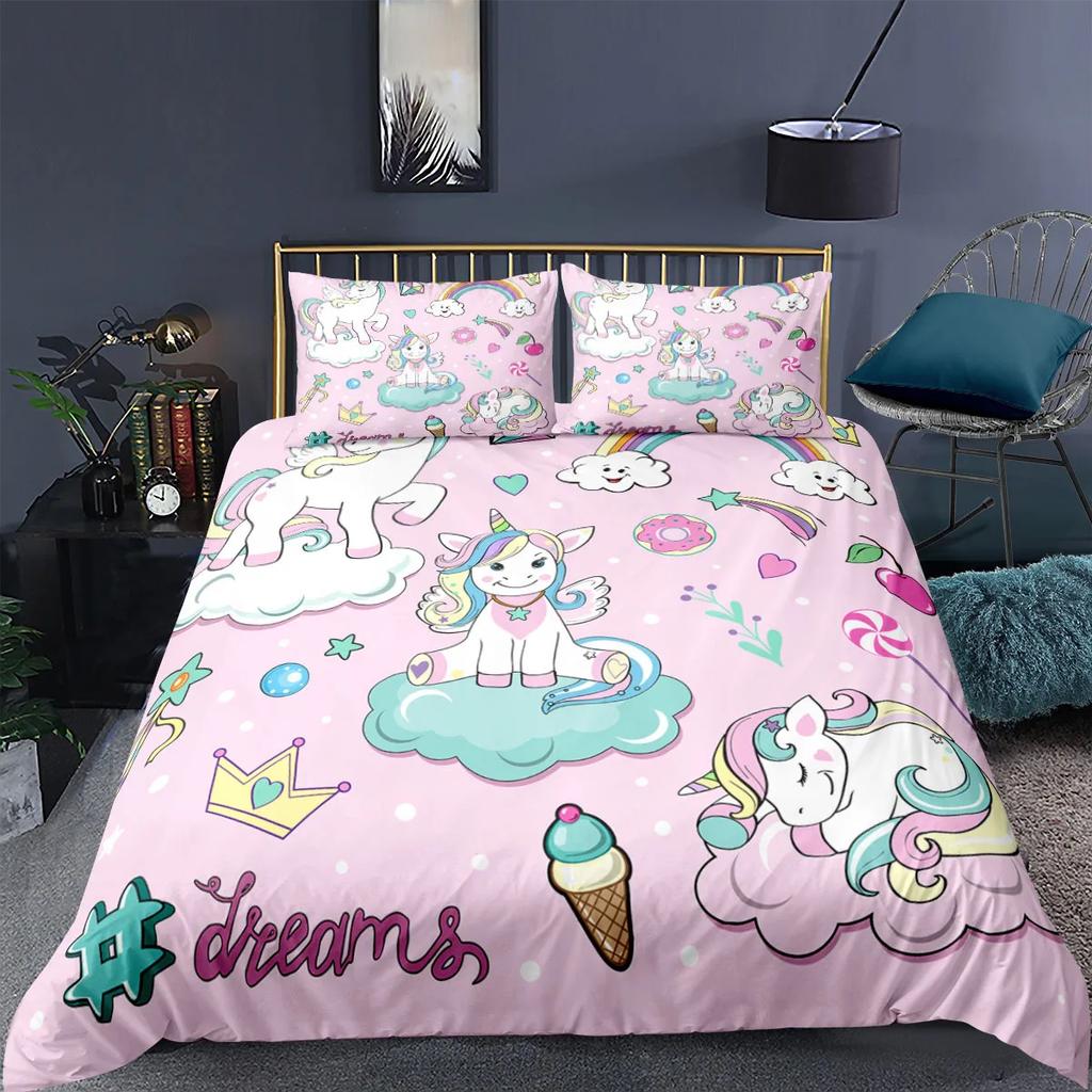 Unicorn Bedding Set King Queen White Pink Unicorn Duvet Cover for Girls Kids Dreamy Cartoon Sparkle Lilac Polyester Quilt Cover