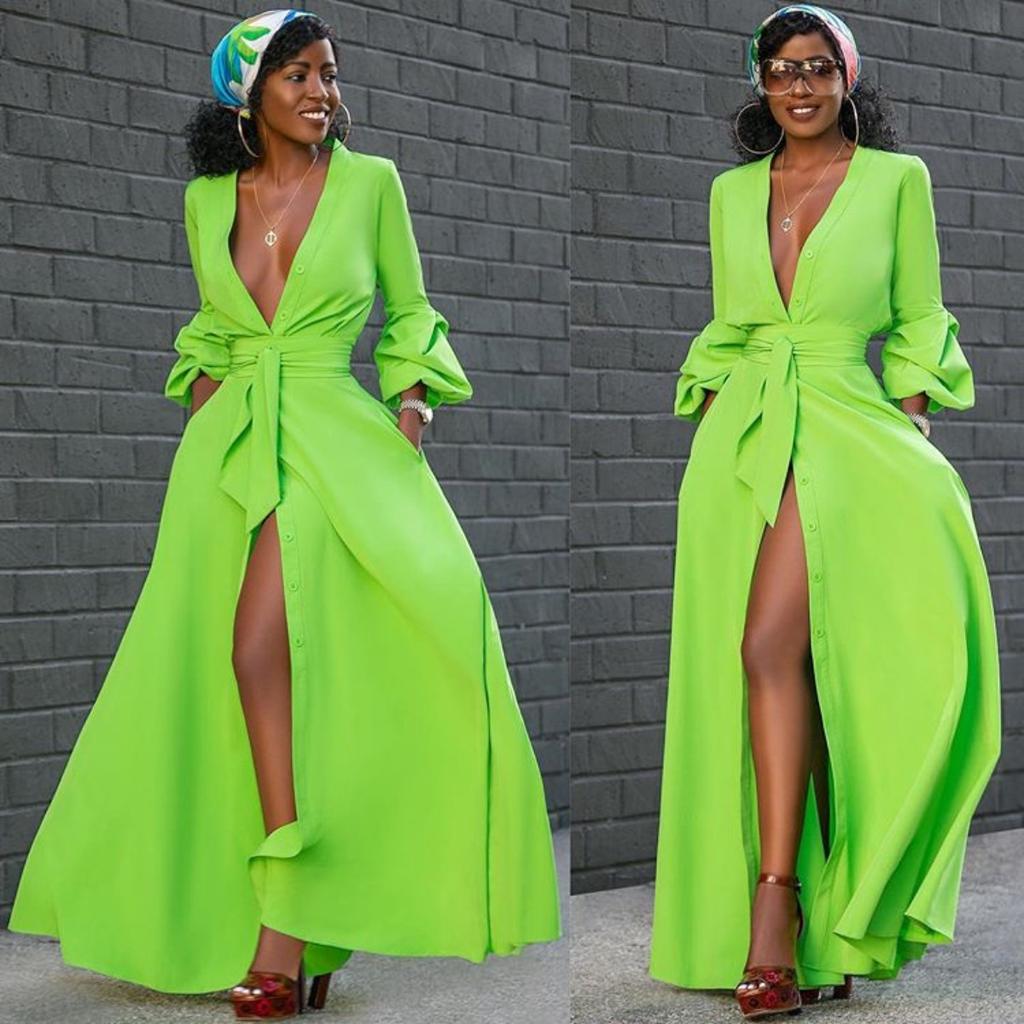 Women's V Neck Long Sleeve Maxi Dress Fitted Mid Waist Solid High Slit Ruffle Cuff Elegant Evening Shirt Dress