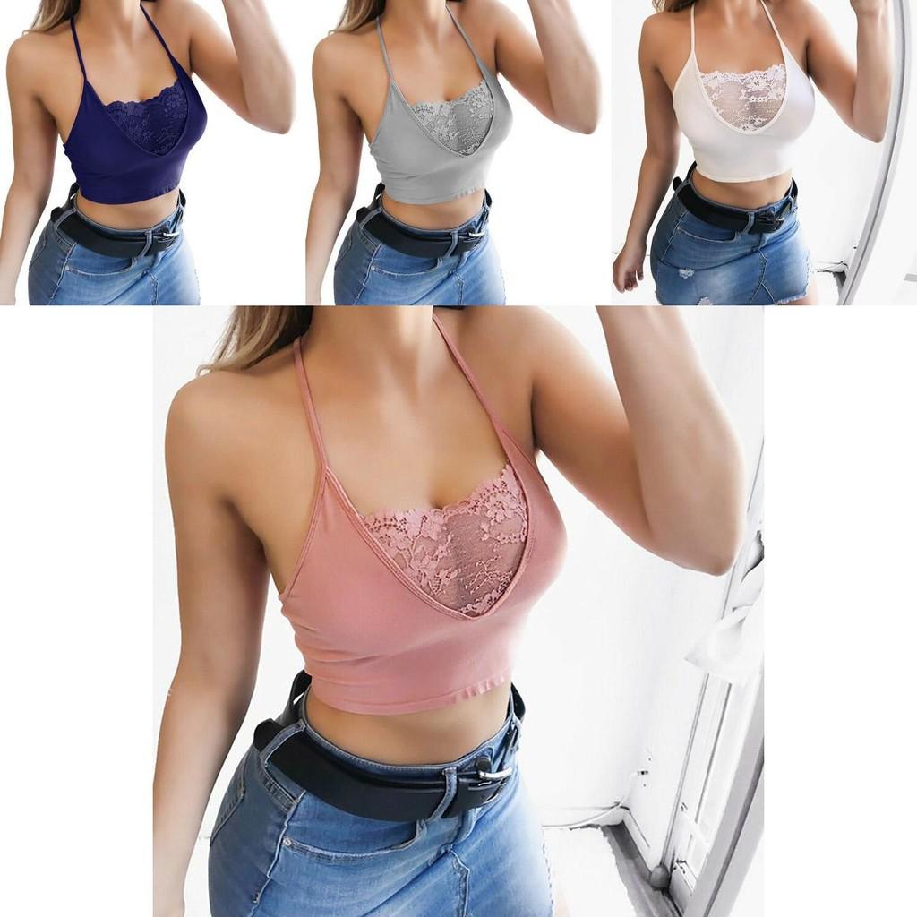 Elegant Womens Sexy Spaghetti Strap Cross Back Lace Crop Top For Clubwear