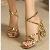 Sandales dorées à bande étroite et carrée pour femme, chaussures de styliste à talons hauts