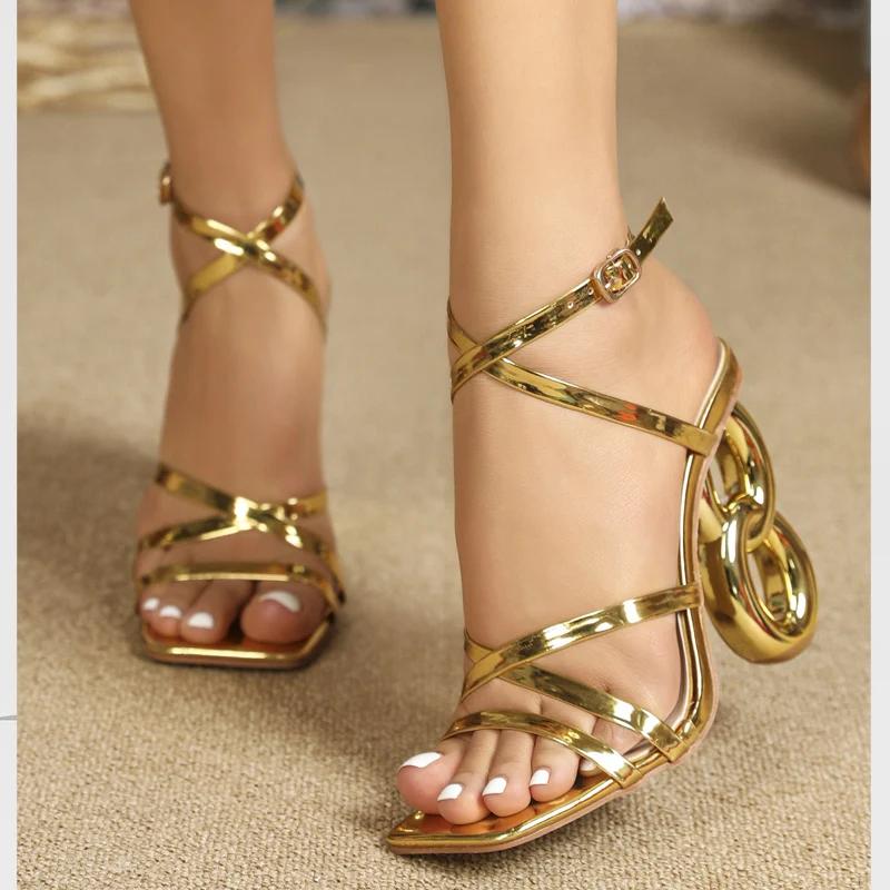 Sandales dorées à bande étroite et carrée pour femme, chaussures de styliste à talons hauts