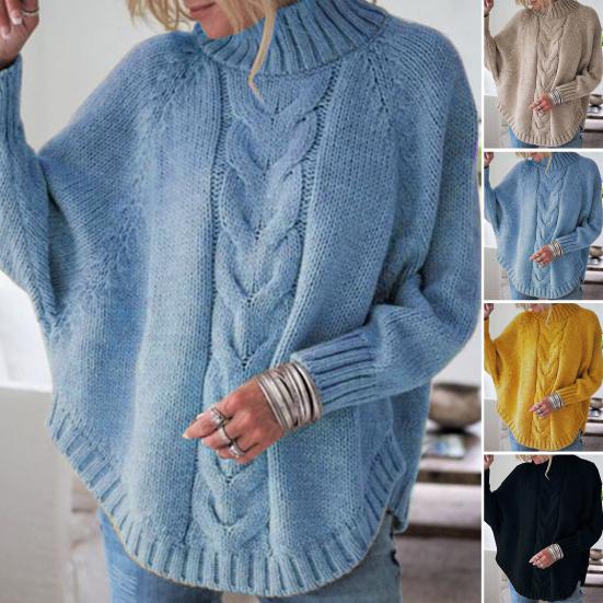 Suéter de mujer Tops Cuello medio alto Manga larga con alas de murciélago Suéter de punto de color sólido