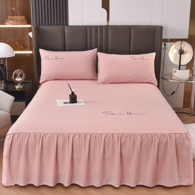 Solid Color Washed Cotton Lace Bed Skirt Mattress Protector