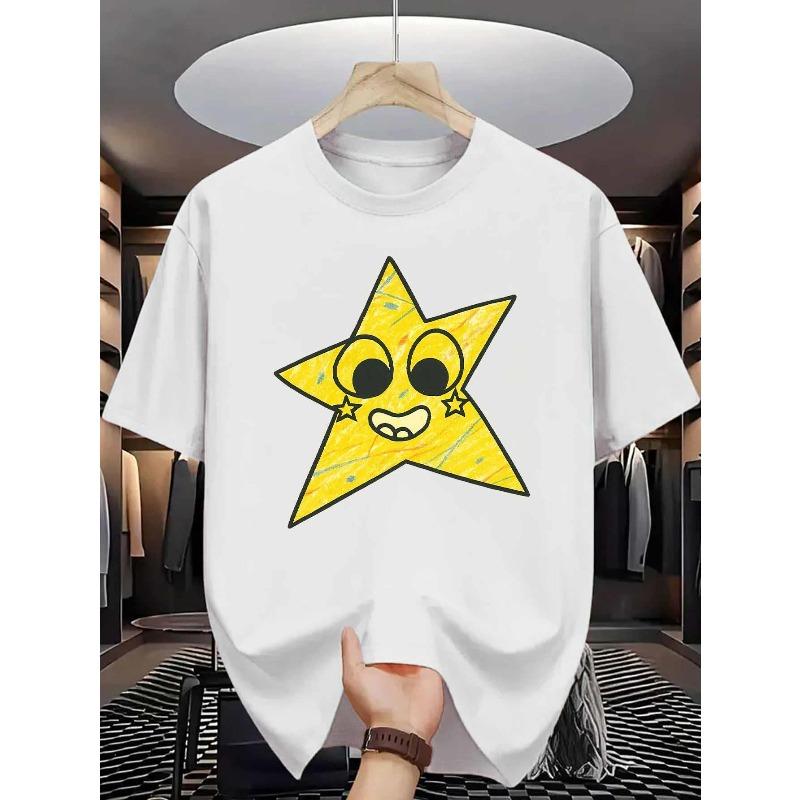 

Мужская хлопковая футболка Smiling Star Милый мультяшный узор с принтом лица желтой звезды Чистый хлопок Премиальное качество печати Прочная Повседневная Мода S белый