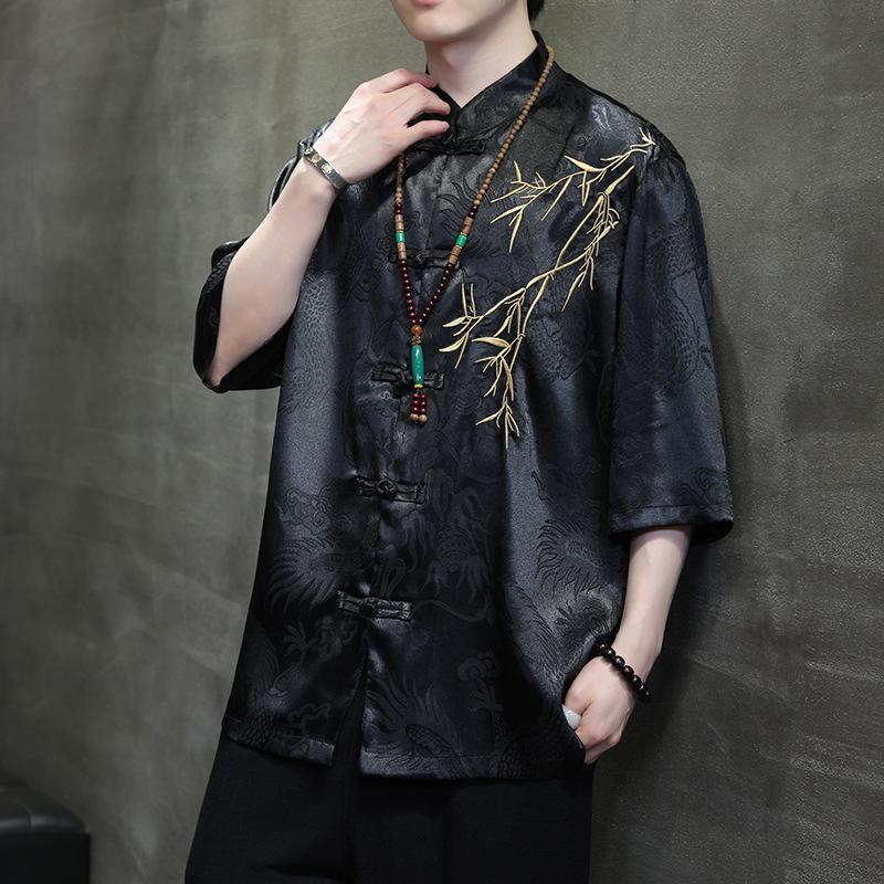 Summer Embroidery Shirt Men Ice Silk High Quality Casual Loose Short Sleeve Tops Retro Kung Fu Traditional Cardigan Mens