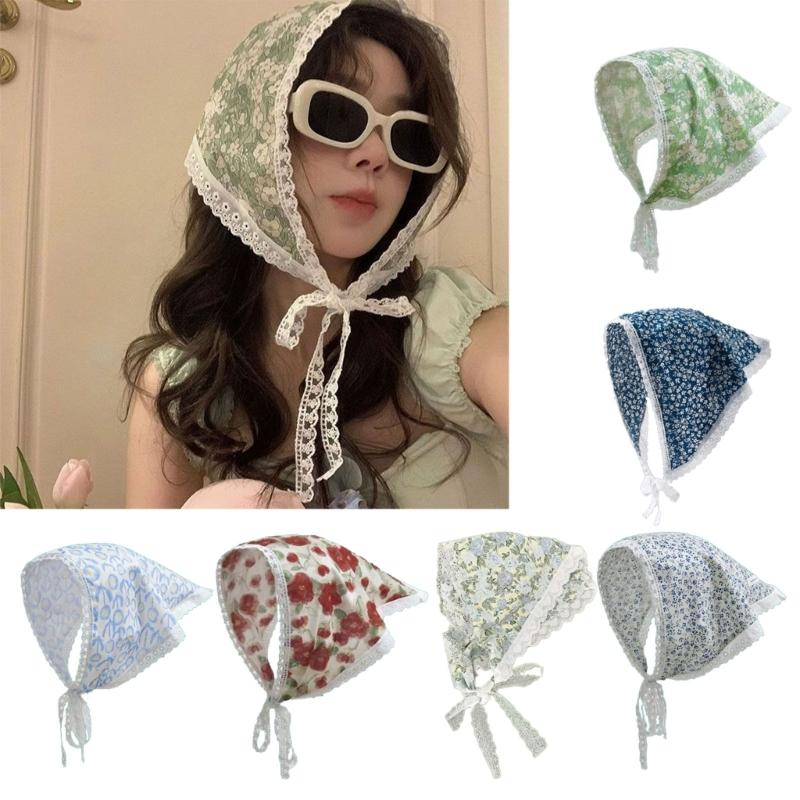 Französischer Stil Blume Dreieckstuch Kopfbedeckung für Frauen Sonnenschutz Kopftuch für modische Frauen zum Tragen