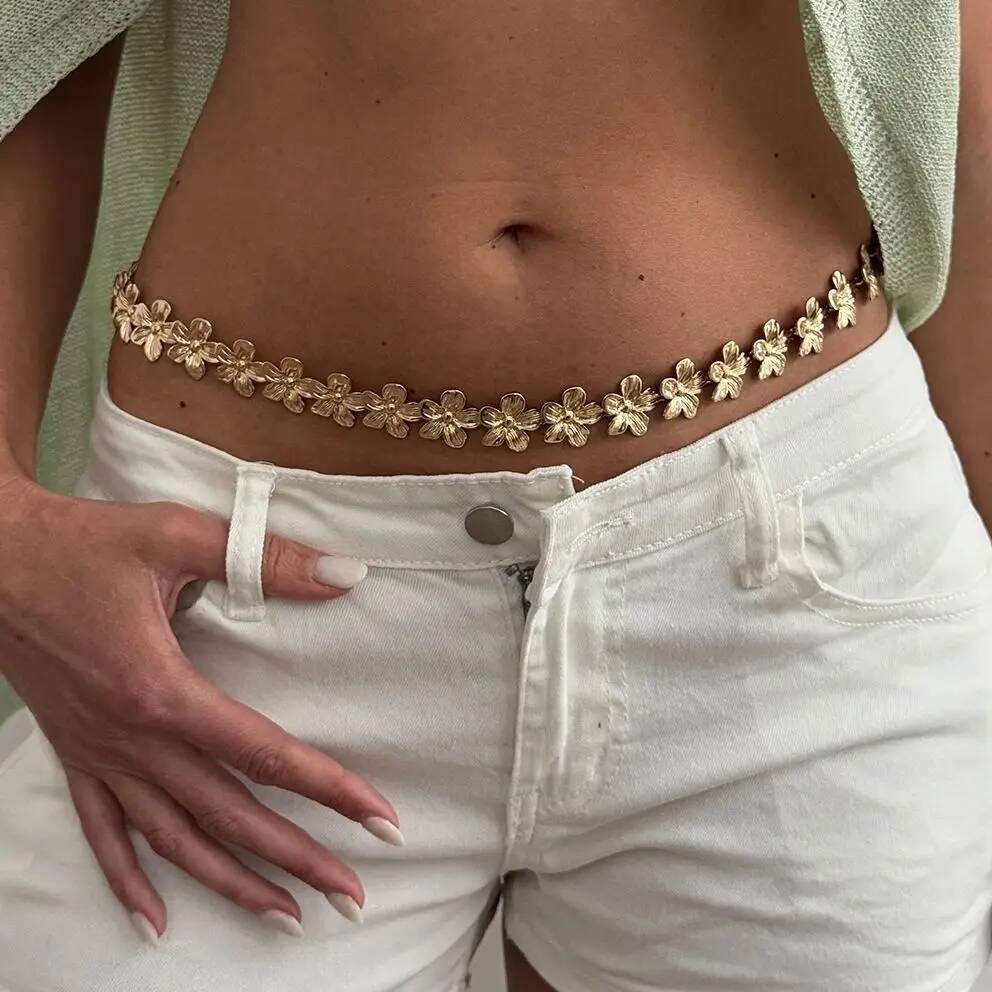 SHIXIN Bohemian Gold Color Metal Flower Belly Chain Women Sexy Bikini Adjustable Waist Chain Summer Beach Body Jewelry Y2K New