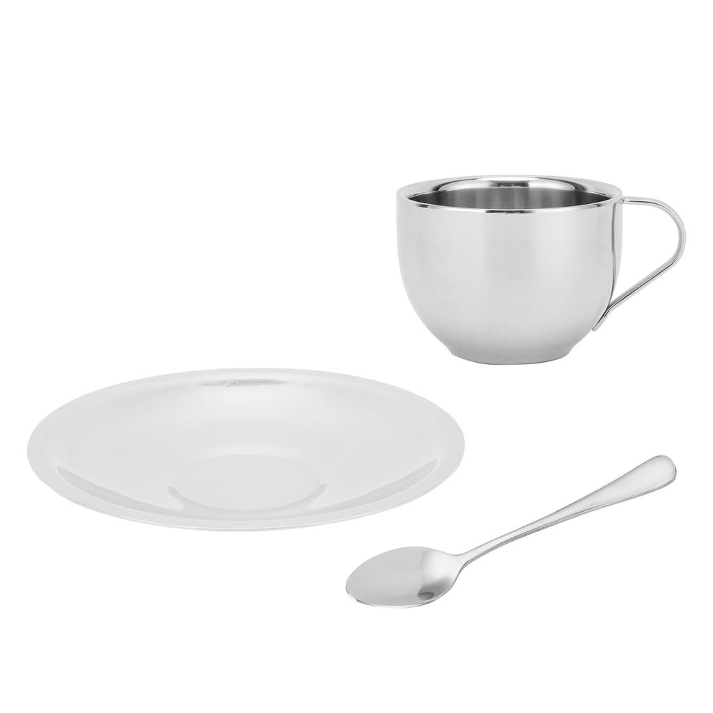 Kaffeetasse Edelstahl Doppelschicht Isolierung Milchbecher mit Löffel Untertasse Haushalt(Silber 180ML)