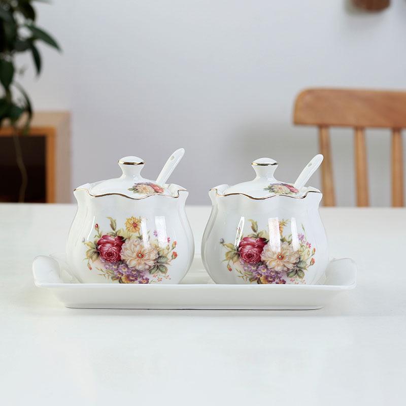 Lotus Ceramic Condiment Jar Set for Salt, Sugar, Soy Sauce, and Vinegar