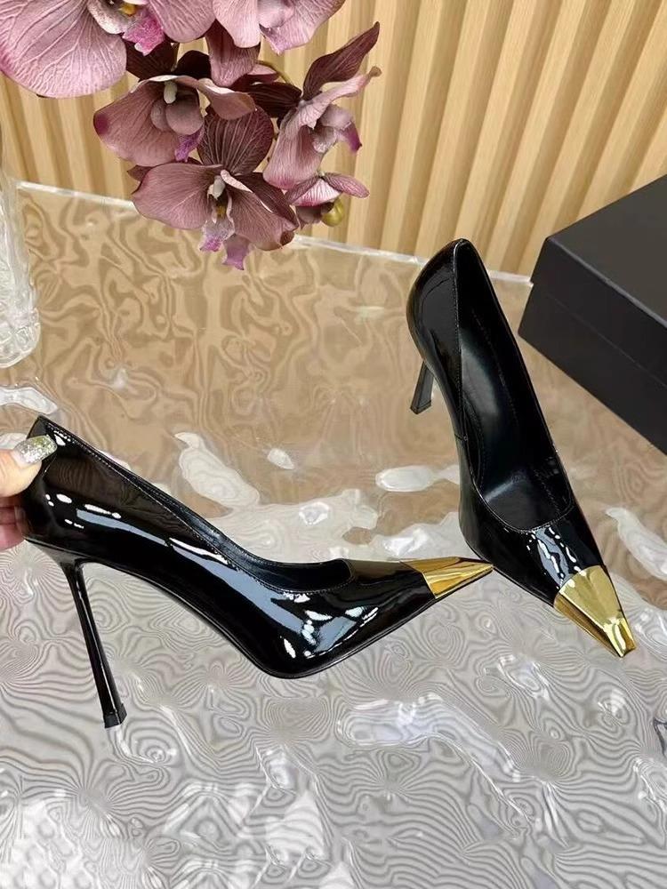 

Висока версія сандалі 2025 нові сандалі з квадратним носком жіночі металевий носок одинарні туфлі жіночі чорна лакована шкіра високі підбори жіночі 40