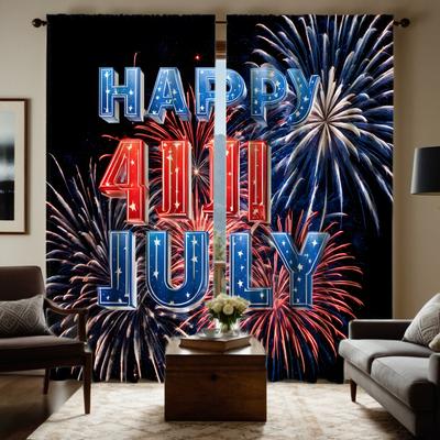 2 Pieces HD Independence Day Hello July Fireworks Decorative Curtain Black Tie Digital Printed Curtain Home Decoration Style Dec