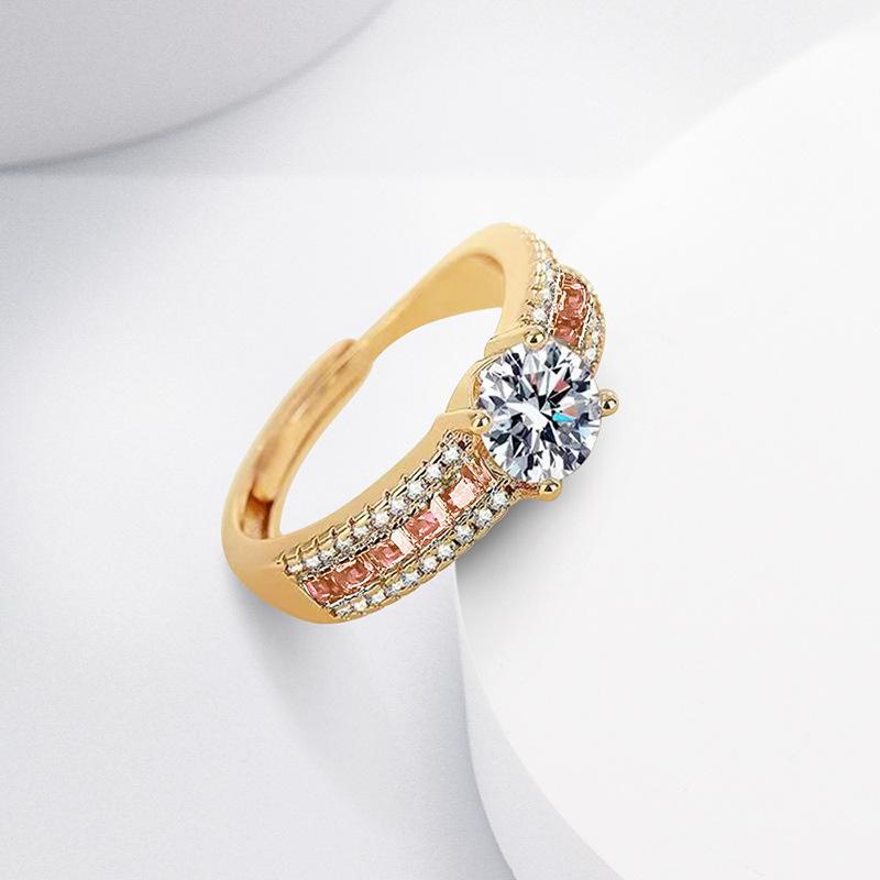 2026 Light Luxury Zircon Ring Women's Champagne Real Gold Niche Design Sense Open Ring Women's Jewelry