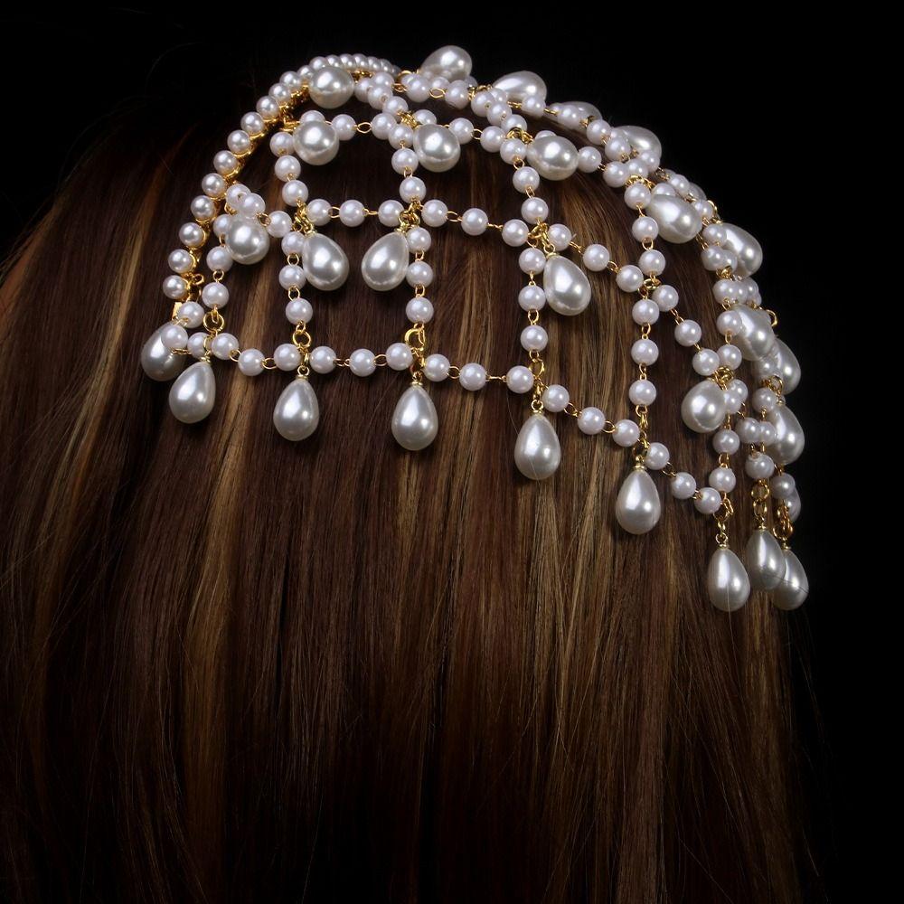 Net Shape Pearl Princess Hair Band Rhinestone Bride Tiaras Exquisite Grid Hair Band Wedding