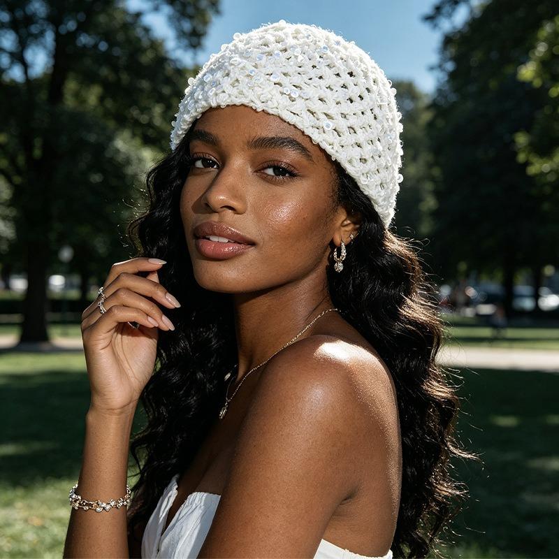Women Breathable Solid Color Hollow Out Knitted Beanie Cap