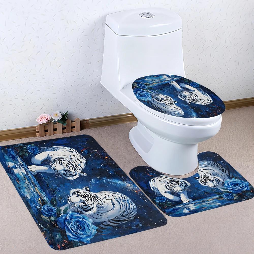 White Tiger Bathroom Four-Piece Set - Avant-garde Waterproof Shower Curtain, creating a complete bathroom suite