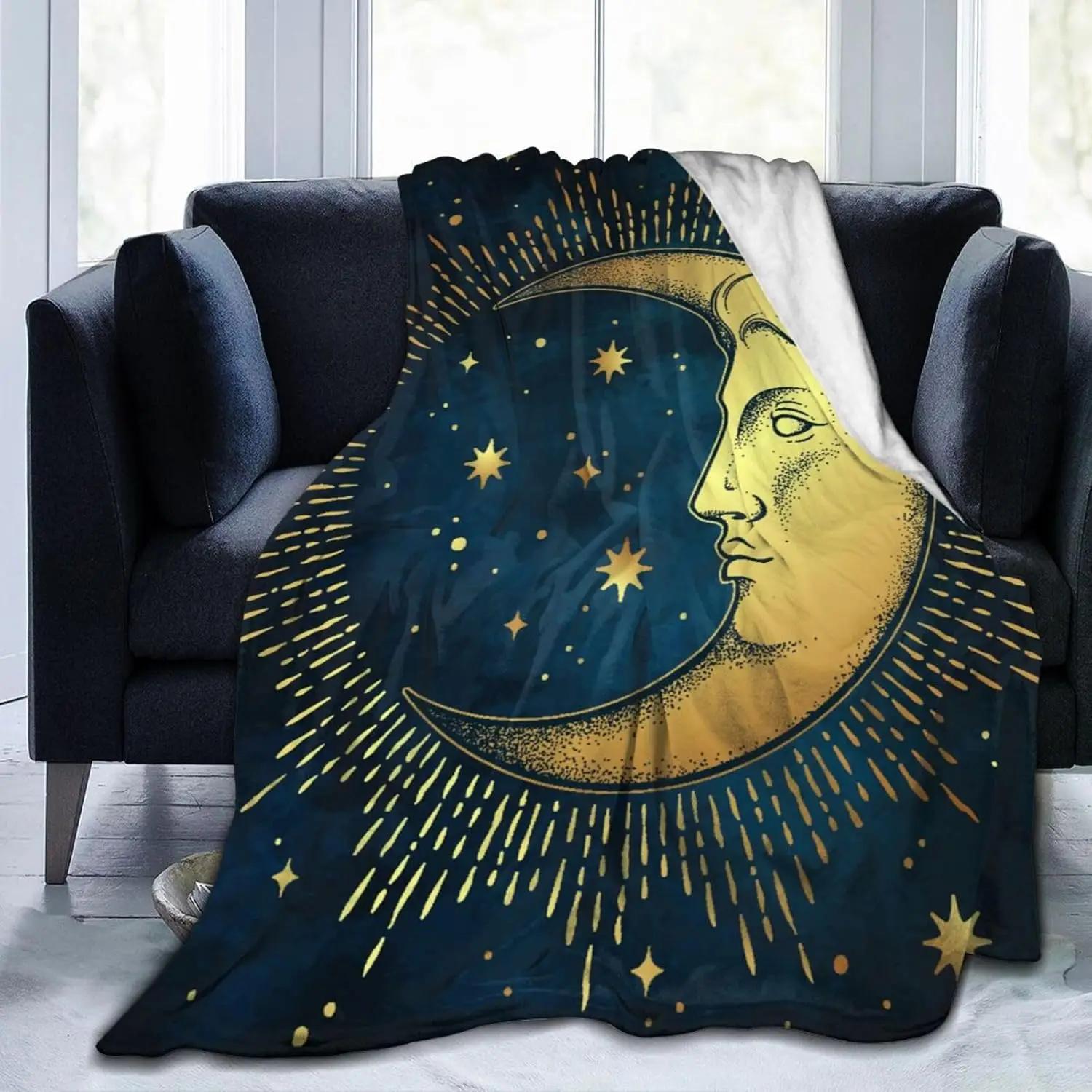 

Golden Moon Star Blanket Soft Lightweight Throw Blankets Cozy Flannel Bed Throws for Sofa Couch Travel Home Room Bedroom Decor 75x90cm
