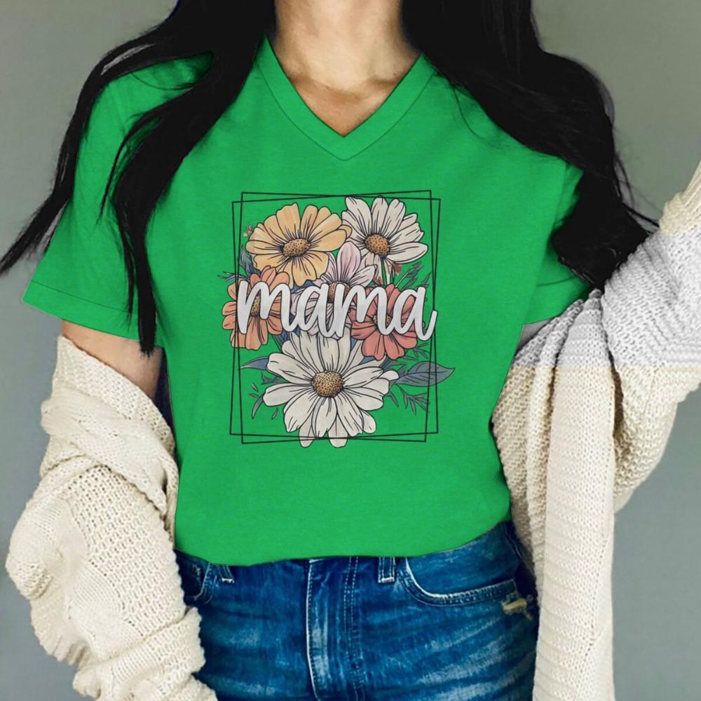 Flower Mama Boho Vintage T-shirt Happy Mother's Day Gift Classic Tops Mama V-neck T Shirts Casual Short Sleeve Tee