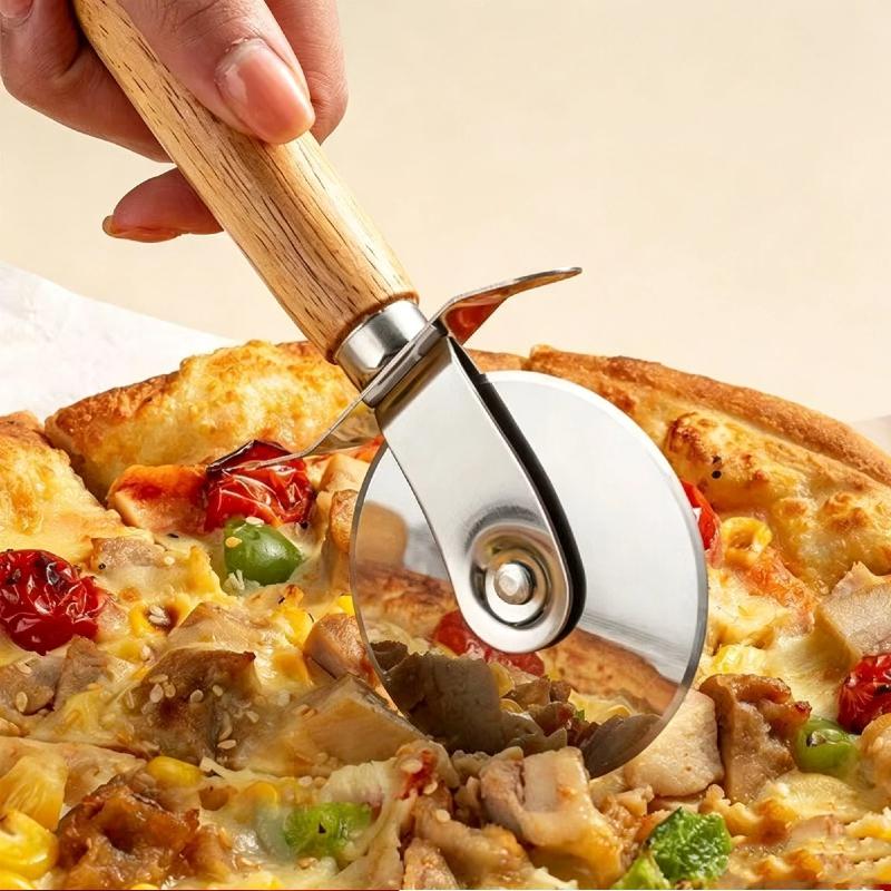 Pizza Cutter Wheel Food Grade Stainless Steel Sharp Slicer with Smooth Wooden Handle for Pizza Shop Home Baking Unique Gift