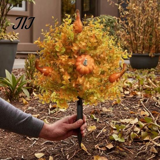 Harvest Themed Lawn Ornament Fall Pumpkin Topiary Trees with Stakes, Artificial Autumn Eucalyptus Leaf Gourd Weather Resistant Garden Walk Stakes