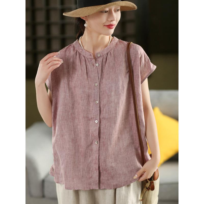 1116 Camicia in Lino Filato Industria Pesante Vintage Femminilità Collo Rialzato Camicia a Maniche Corte Monopetto Top
