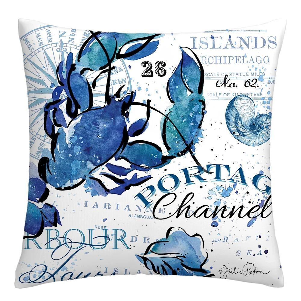 Blue Marine Organism Printed Pattern Polyester Cushion Cover for Home Living Room Sofa Decorative Pillowcase