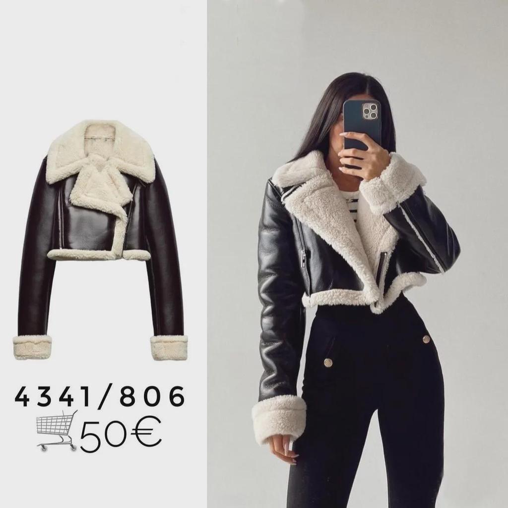 2023 Black Leather and White Fur Short Motorcycle Jacket - Autumn/Winter Street Style