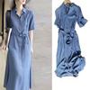 Damen Tencel Denim Hemdblusenkleid Sommer Kurzarm Revers Mit Gürtel in der Taille Midi-Kleid Durchgeknöpft Lässig Langes Kleid Mit Taschen