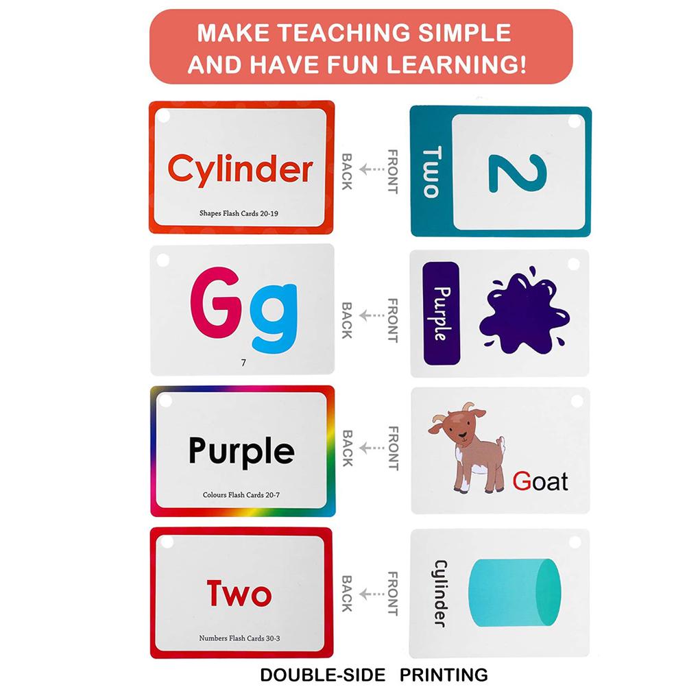 Set de 4 fișe de învățare timpurie pentru copii, numere, alfabete, culori și forme, 100 de fișe cu 200