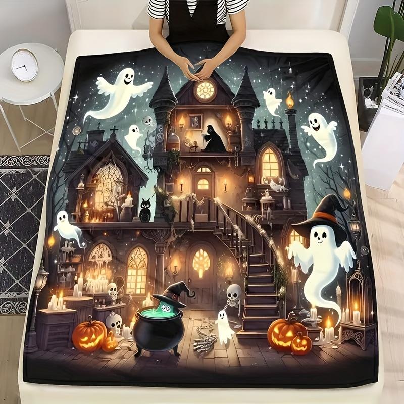 Spooky Halloween Flannel Blanket - Gothic Haunted House with Ghosts, Pumpkins, Witches & Bats Design, All-Season Cozy Sofa Throw