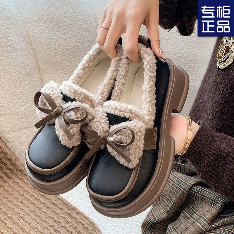 Warm and velvet small leather shoes for women in the winter of 2025, new bow one-pedal loafers thick-soled muffin cotton shoes