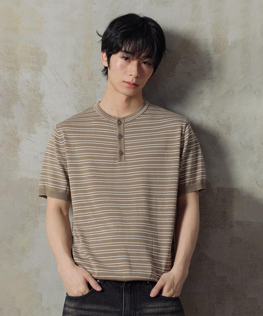 Dibsenseu Striped Henley Neck Short Sleeve Knit