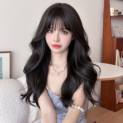 Women's Fashion Front Lace Heat Resistant Big Wavy Long Wig Ladies Daily Use Natural Looking Synthetic Fiber Wigs with Bangs
