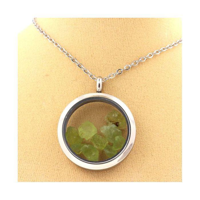 Stones and Minerals. Raw Peridot Necklace. 25 Mm Medallion Model. Color Silver.