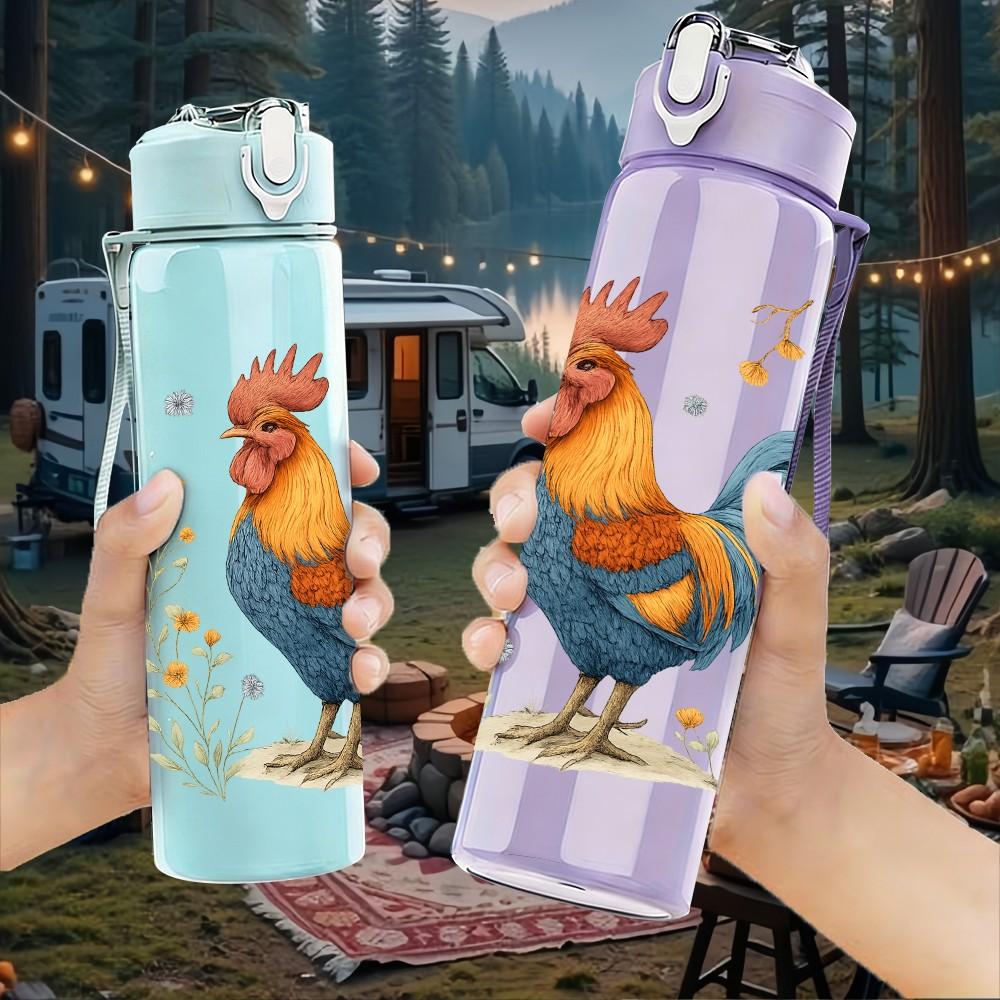 1PC Rooster Wild Flower Watercolor 750ml Color Plastic Sports Water Bottle Leakproof Flip Straw Lid For Sports Office Home Use