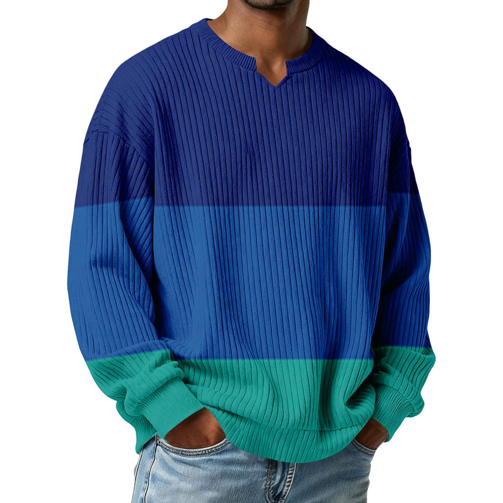 Men's Color-Blocked Stylish V-Neck Ribbed Textured Long-Sleeve T-Shirt