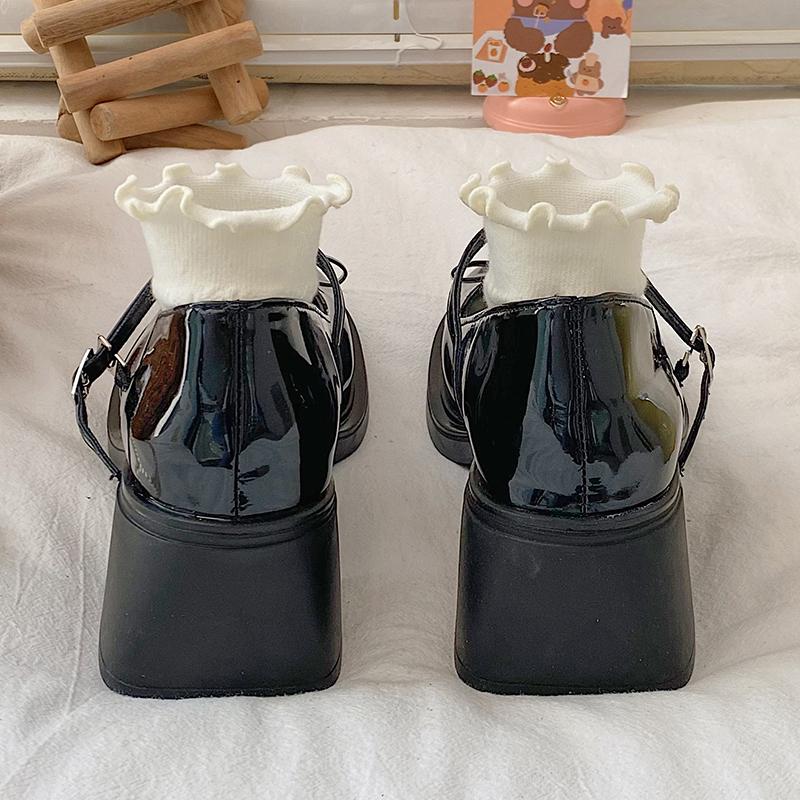 Patent Leather Jk Uniform Dress Shoes for Women Vintage Square Heels Mary Jane Shoes Woman Japanese Style Bow Buckle Strap Pumps